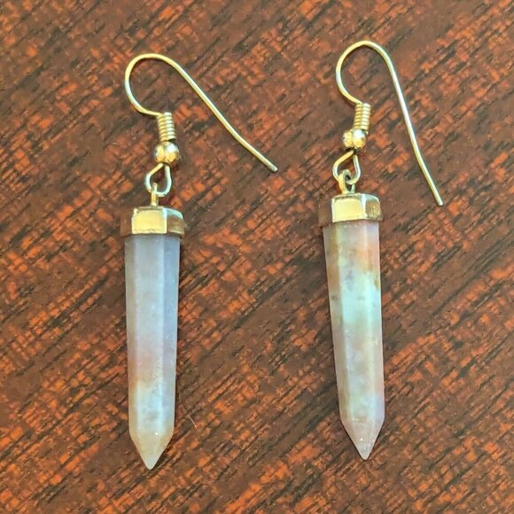 Tumbled Rose Quartz Crystal Dangle Earring Pointed Gold Tone Boho Festival Stone - Picture 2 of 3